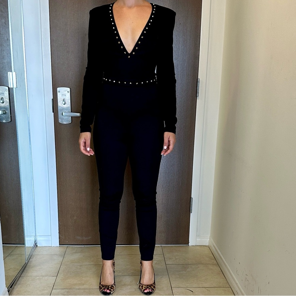 BeBe Gold Point Studded Detail Deep V Neck Black Fitted Jumpsuit Back Zipper